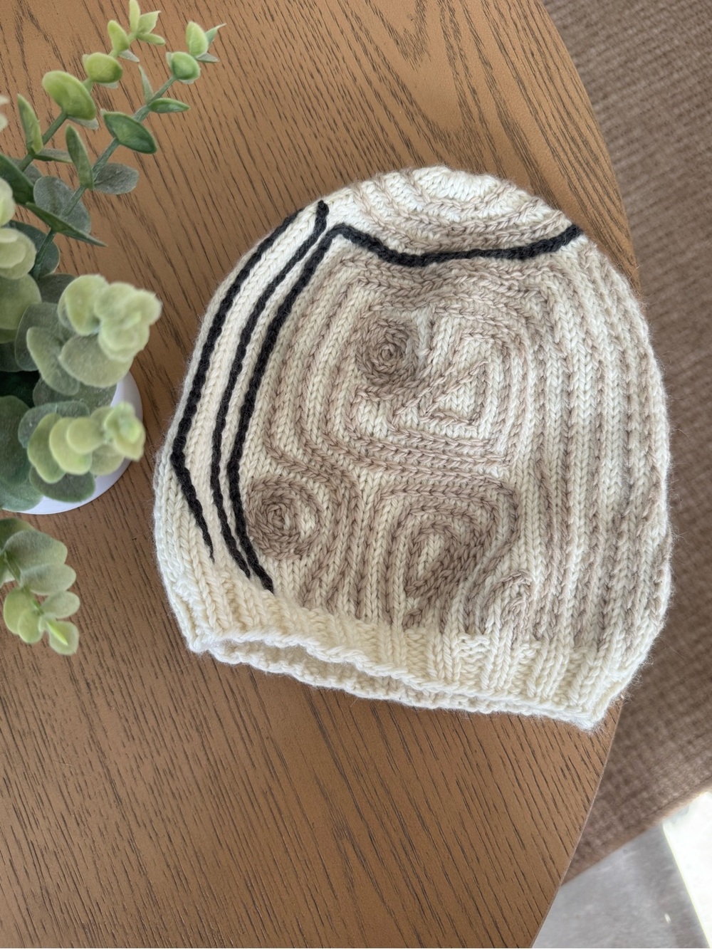 Pashin 100% Wool Handmade Nepal Knit Beanie Hat Cream Taupe Fair Isle Winter Cap